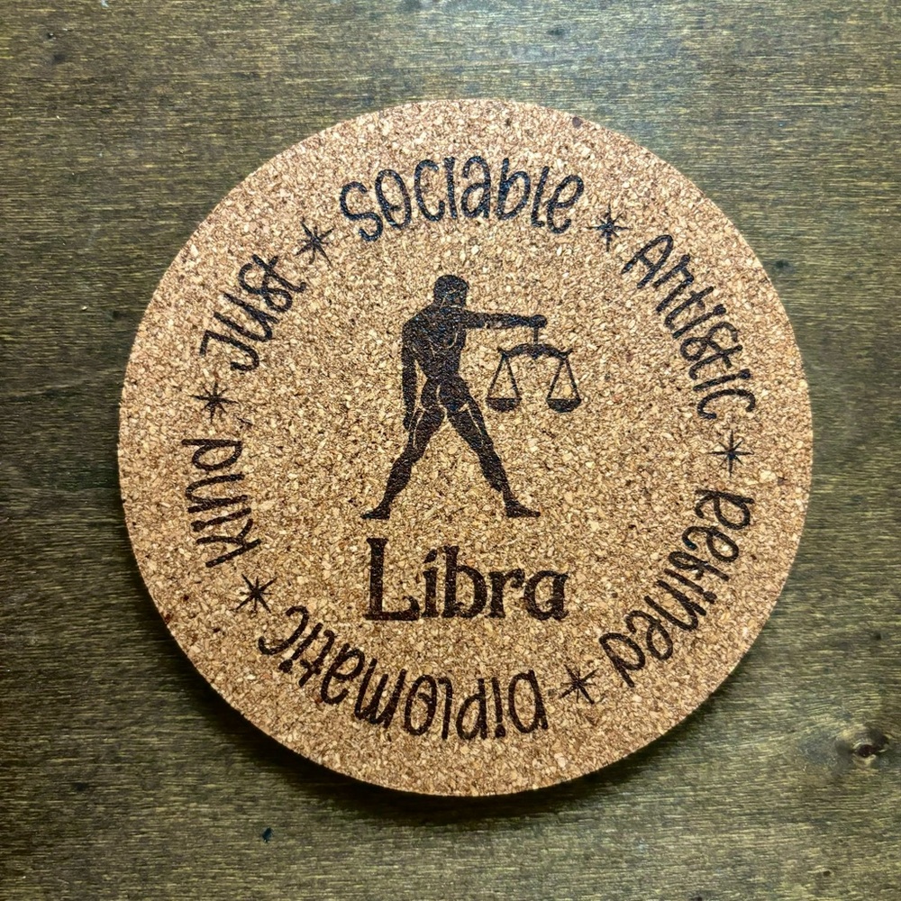 Libra Zodiac Sign Encircled Laser Engraved Cork Coaster